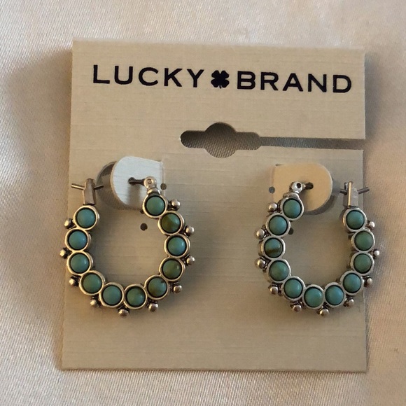 Lucky Brand Silver Tone Turquoise Set Stone Midi Hoop Earrings NWT - Picture 3 of 10